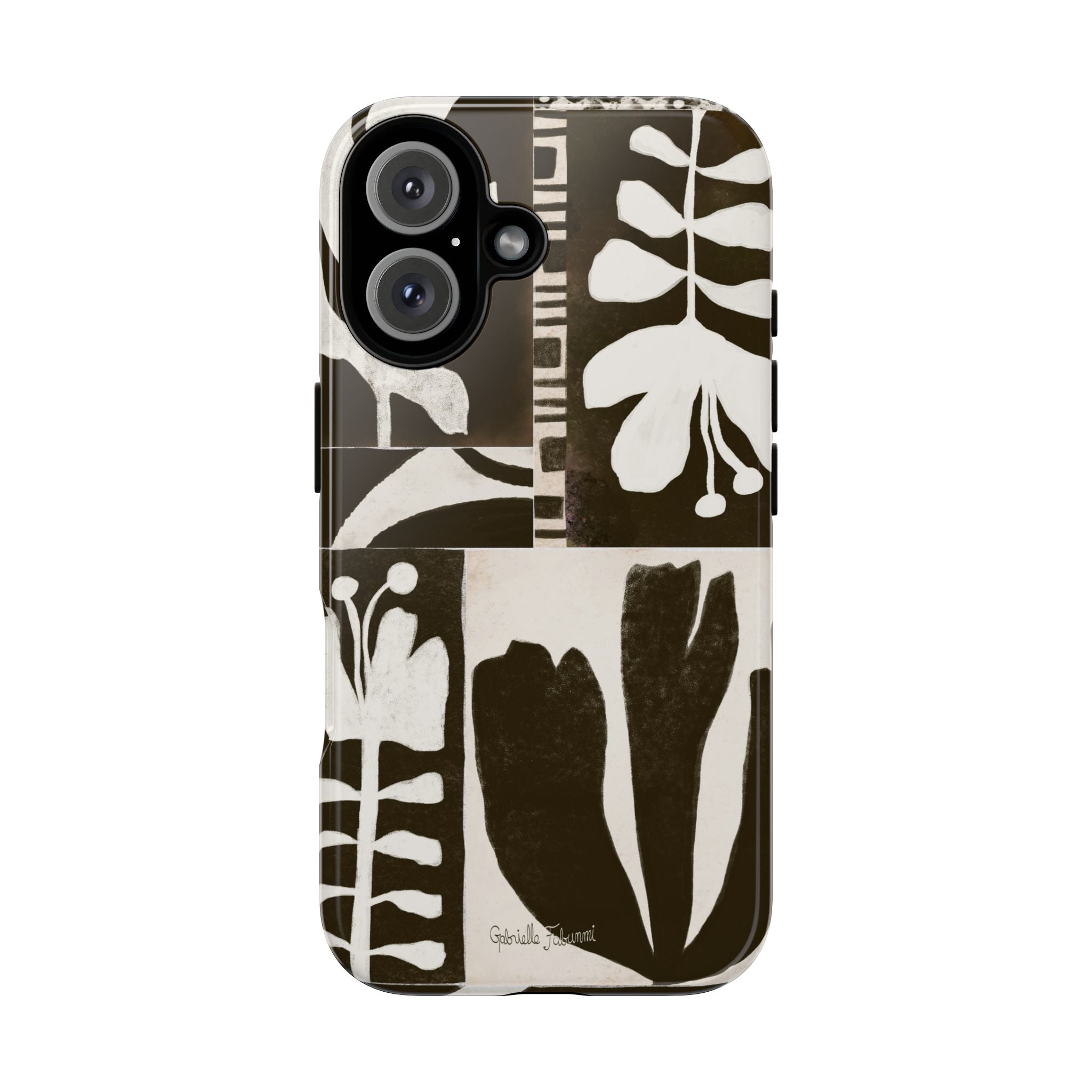 Floral Block Print Tough Phone Case — Black & White Botanical Protective Cover