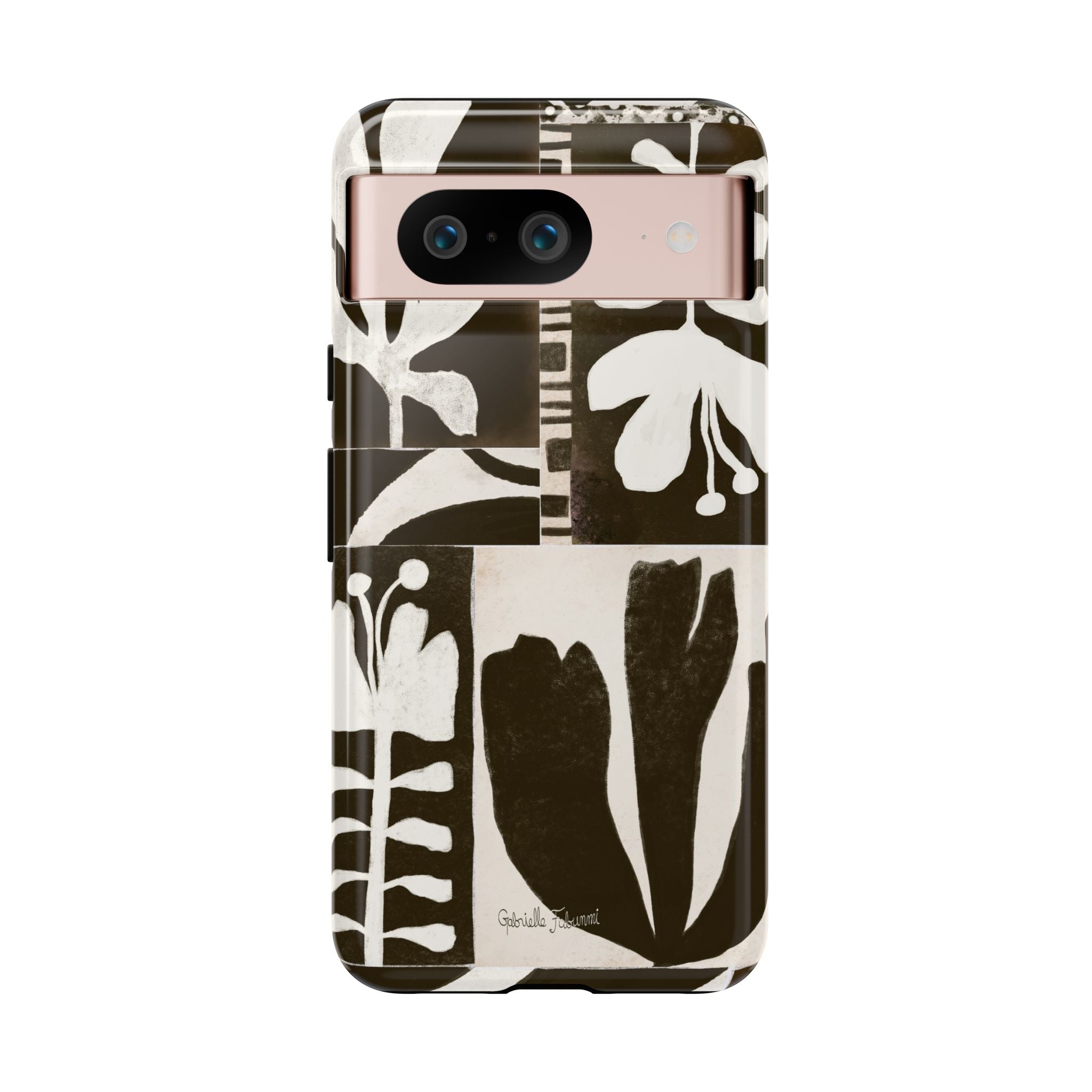 Floral Block Print Tough Phone Case — Black & White Botanical Protective Cover