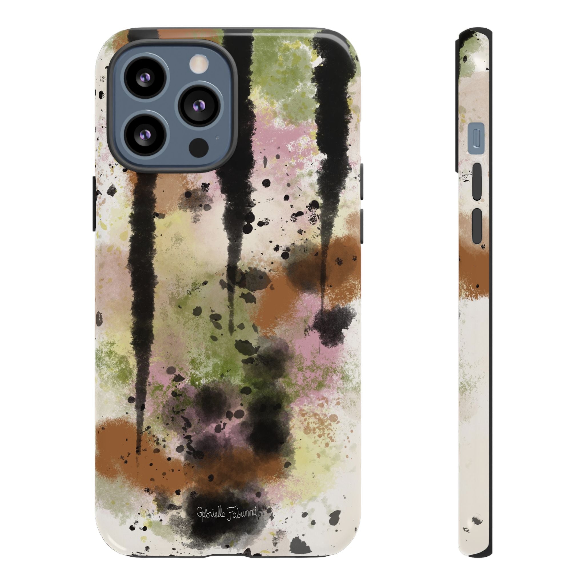Watercolor Ink Splash Tough Phone Case — Abstract Olive, Blush & Charcoal Protective Cover