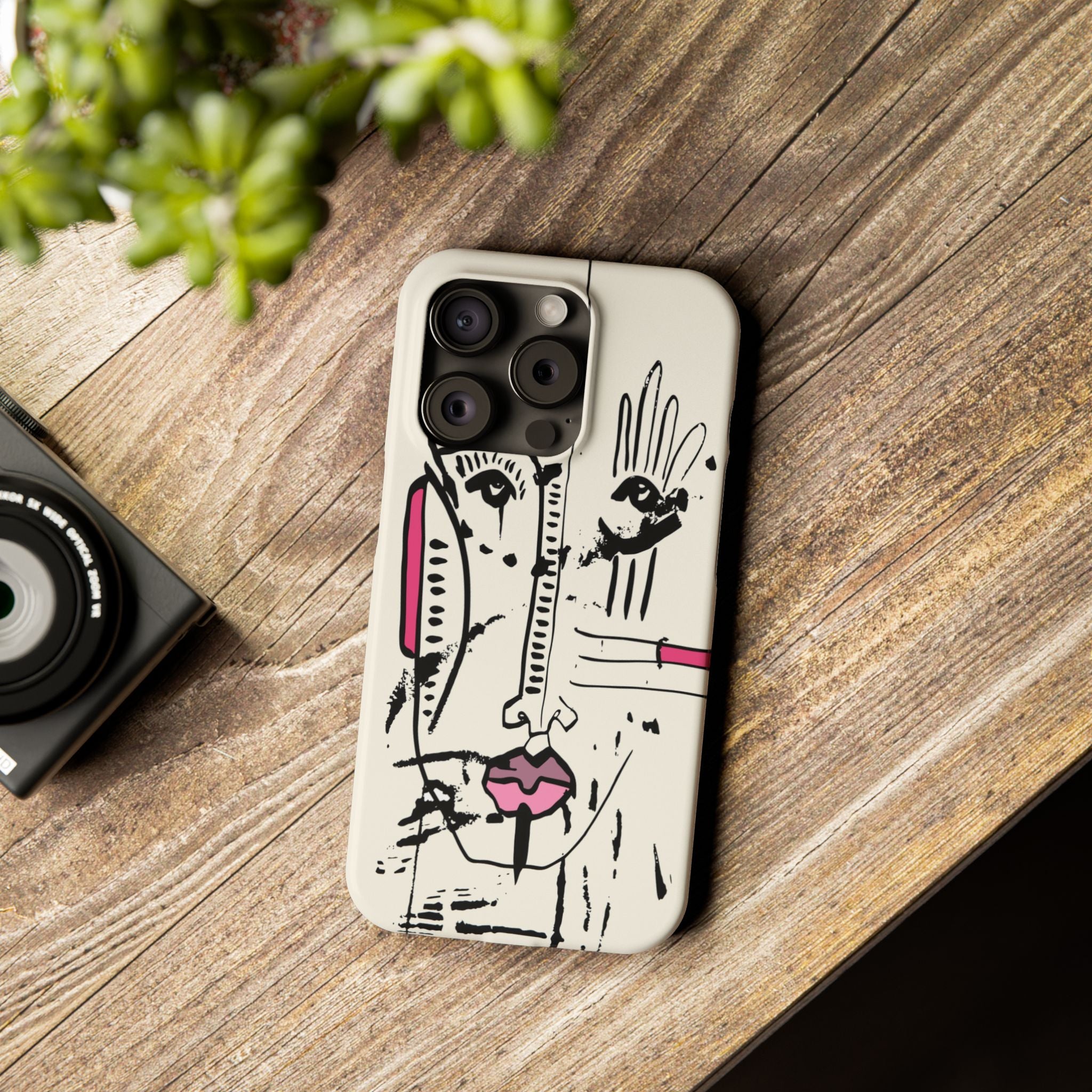 Abstract Face Line Art Slim Phone Case | Minimal Pink Accent