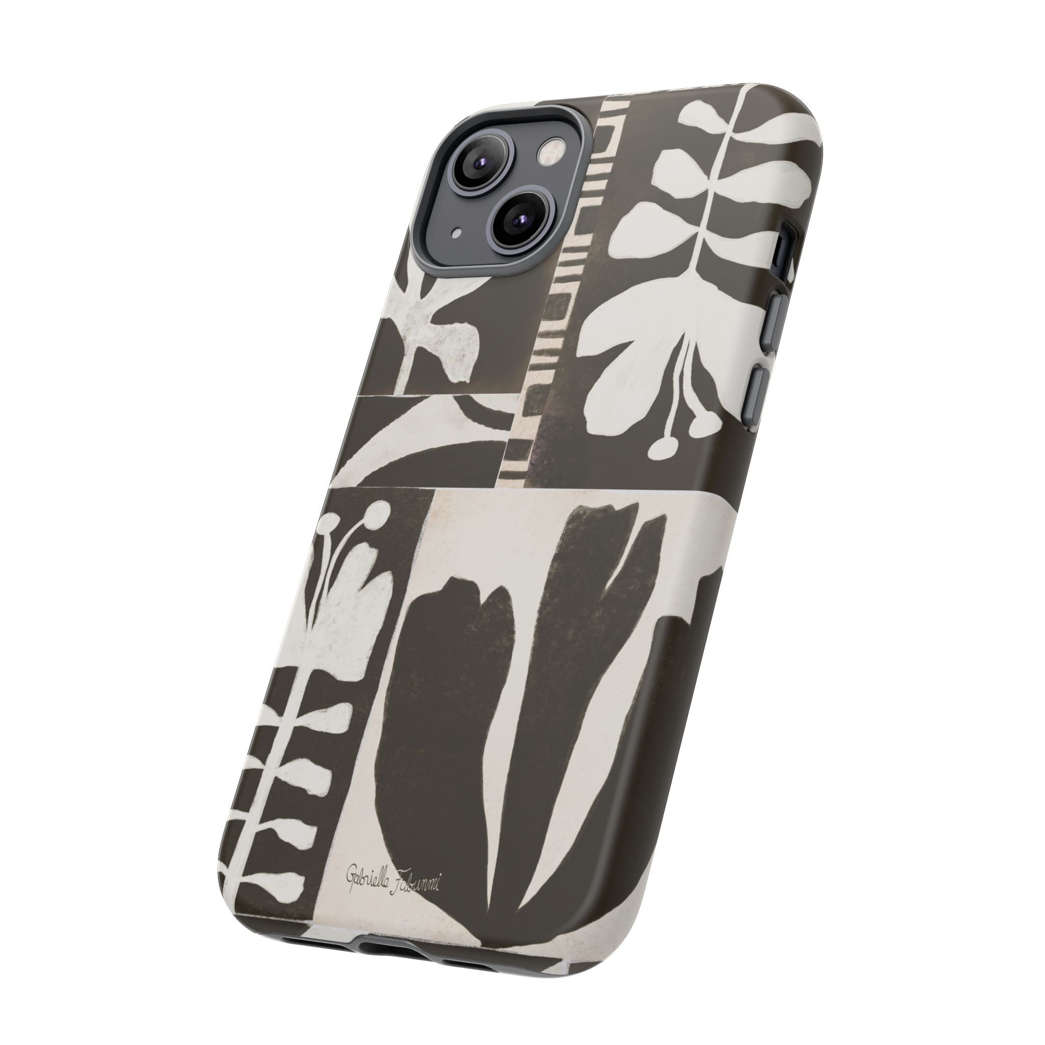 Floral Block Print Tough Phone Case — Black & White Botanical Protective Cover