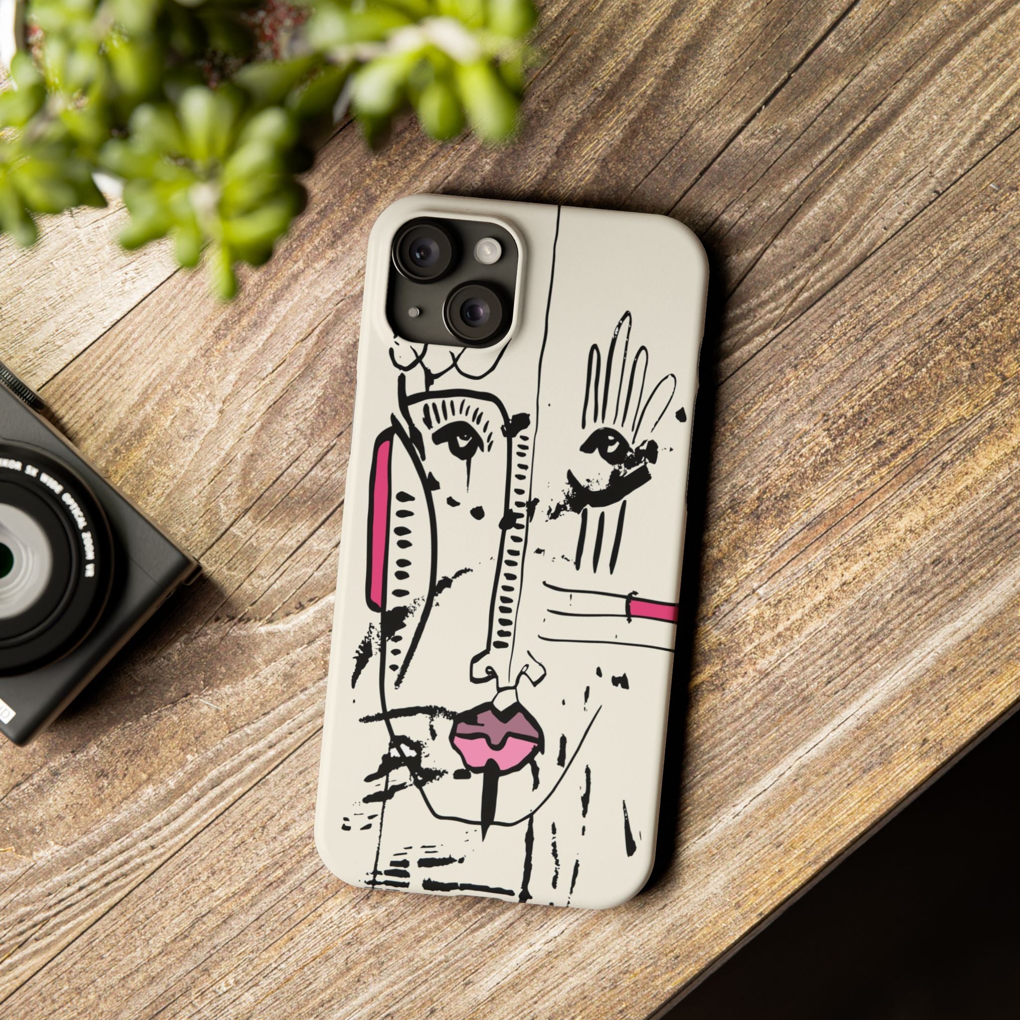 Abstract Face Line Art Slim Phone Case | Minimal Pink Accent