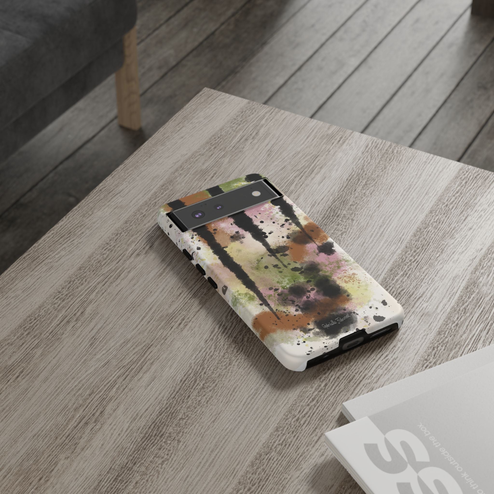Watercolor Ink Splash Tough Phone Case — Abstract Olive, Blush & Charcoal Protective Cover