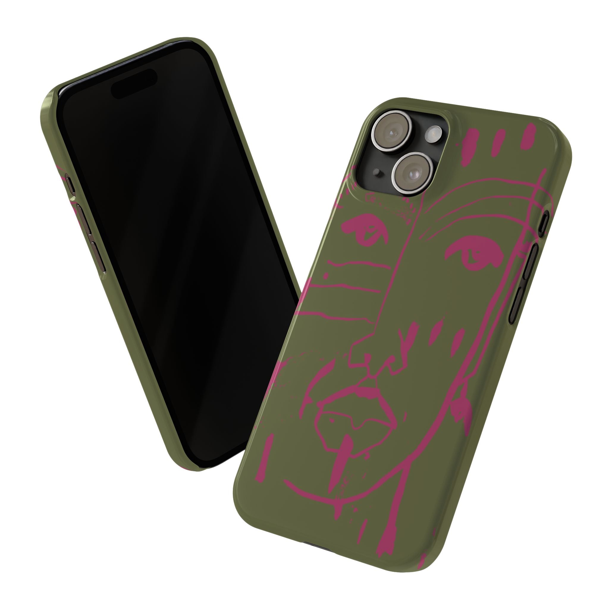 Abstract Face Line Art Slim Phone Case | Olive Green with Magenta Sketch