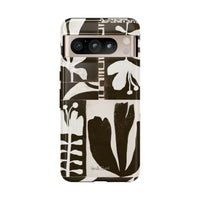 Floral Block Print Tough Phone Case — Black & White Botanical Protective Cover