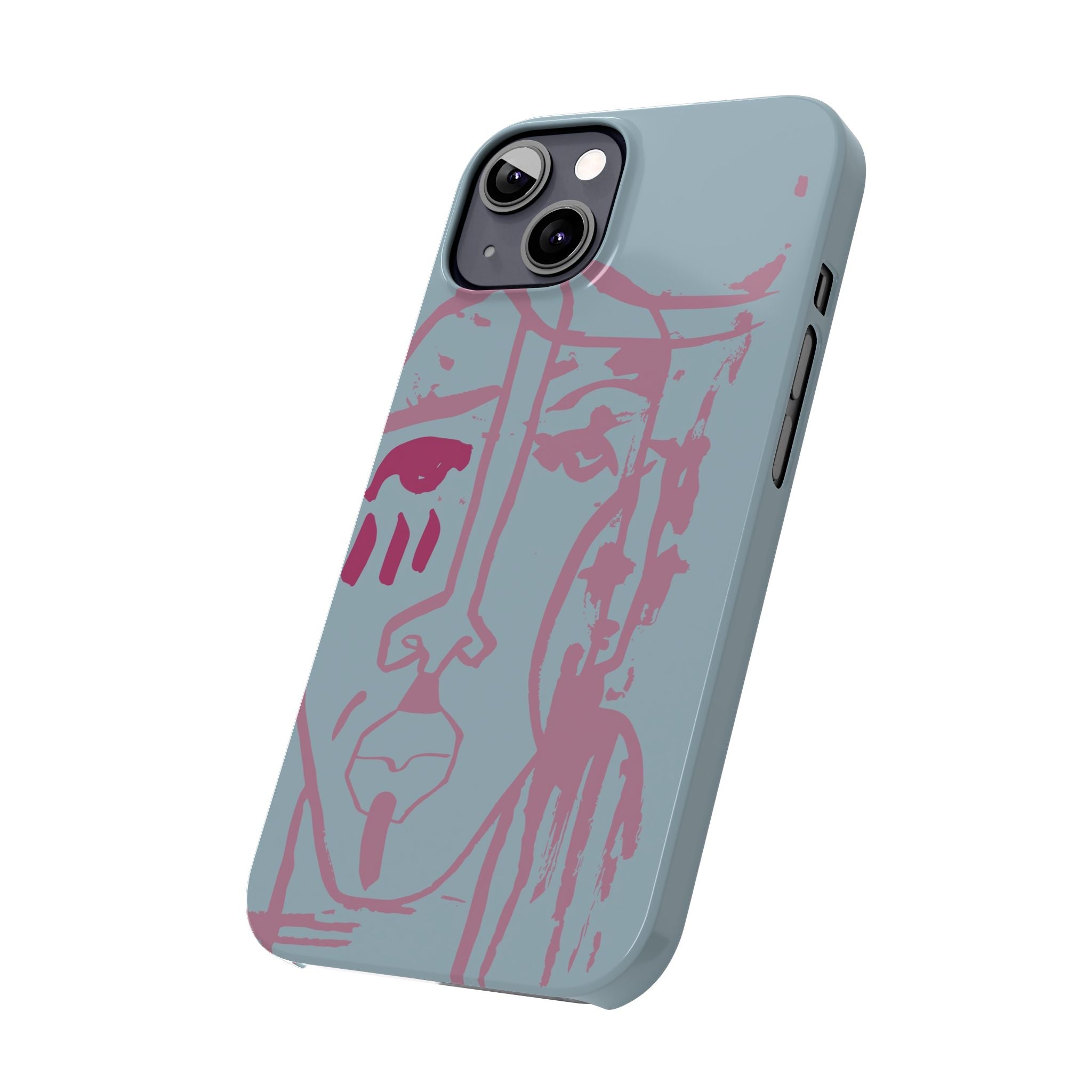 Abstract Line Face Slim Phone Case | Minimalist Portrait, Dusty Blue & Rose