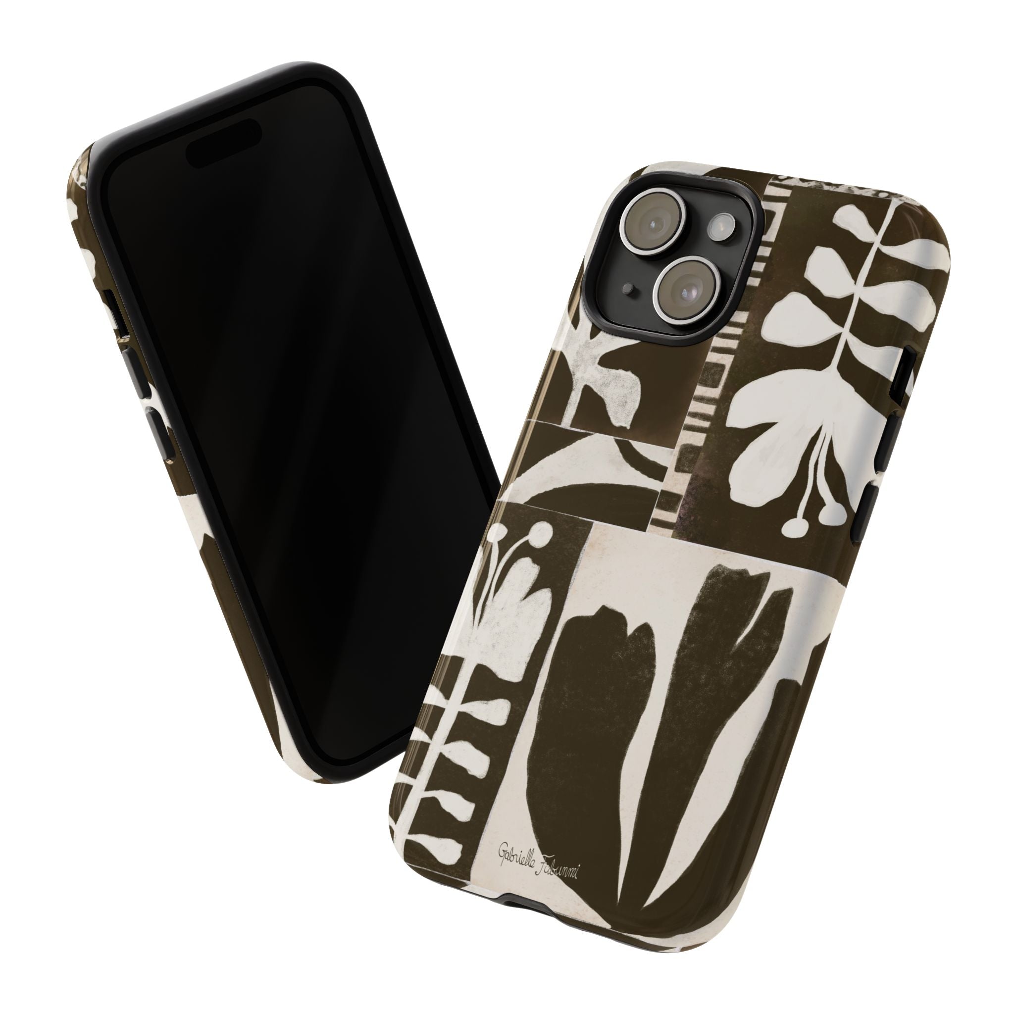 Floral Block Print Tough Phone Case — Black & White Botanical Protective Cover