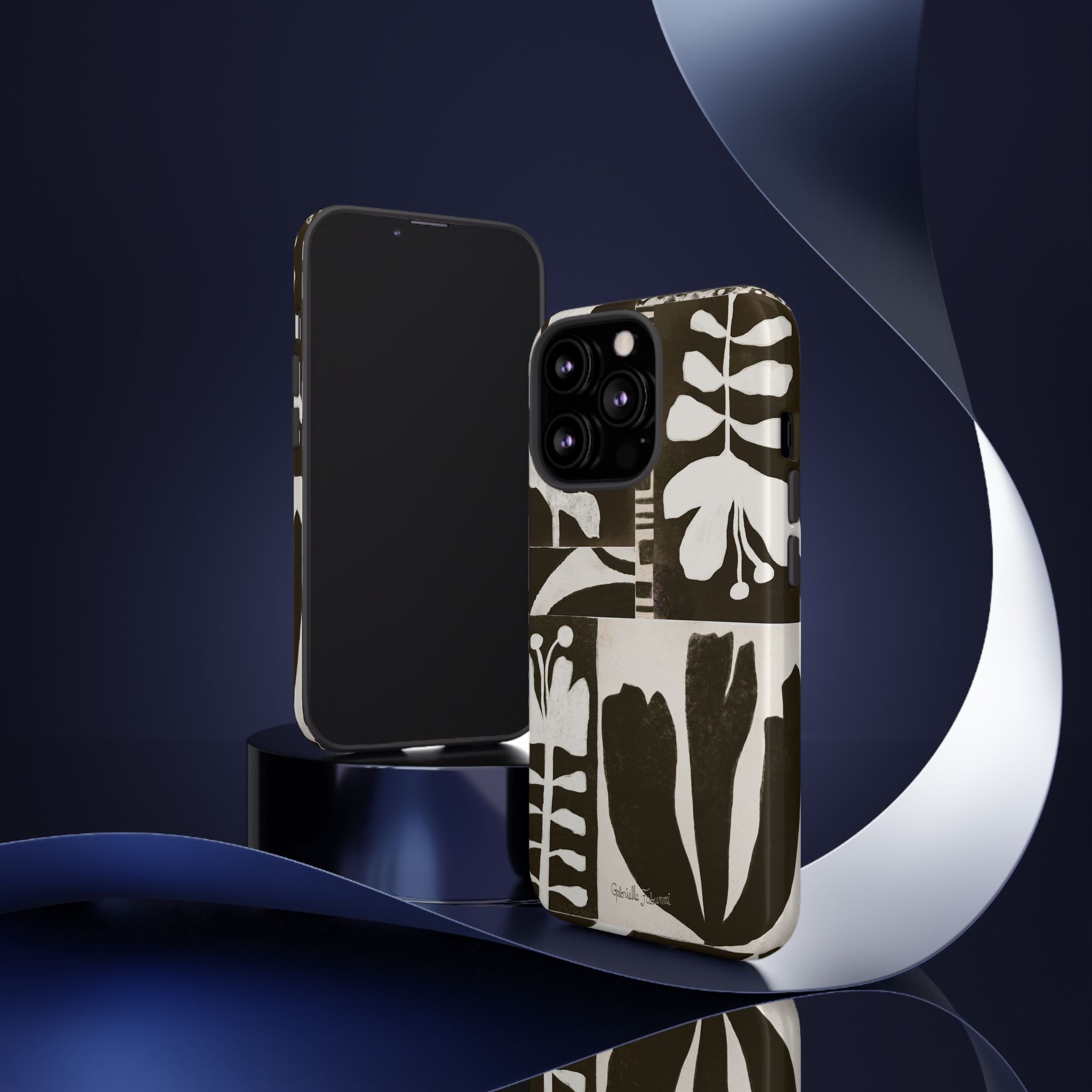 Floral Block Print Tough Phone Case — Black & White Botanical Protective Cover