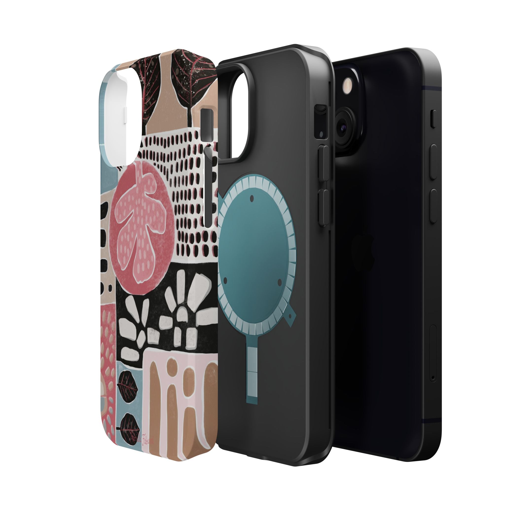 Abstract Floral Magnetic Phone Case — Impact-Resistant Protective Cover with Pink & Teal Collage Design