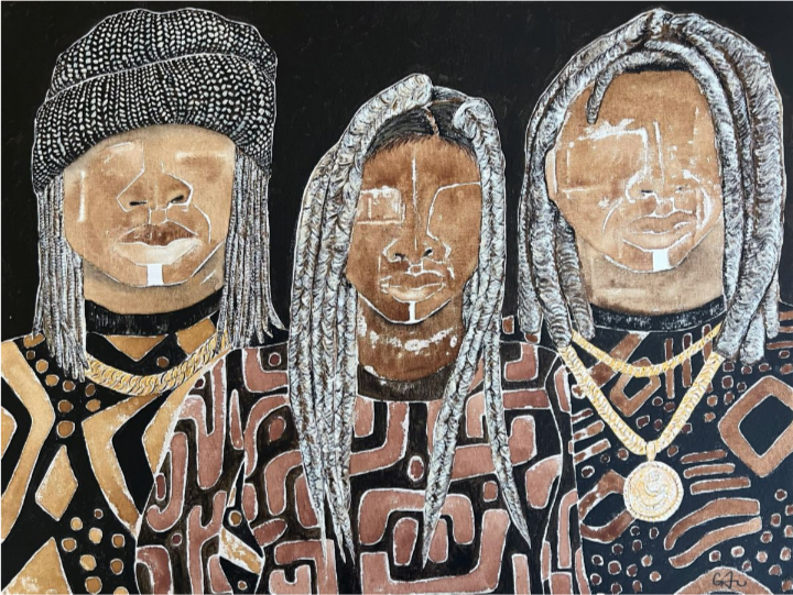 A visual artwork featuring three stylized, abstract characters wearing fashionable clothing, with details such as a hat, necklaces, and patterned outfits, against a black background.