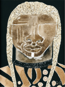 A print of a stylized, mixed media artwork depicting a figure with a geometric and patterned design predominantly in black, gold, and brown tones.