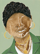 A stylized illustration of a woman with an afro hairstyle, wearing gold earrings and a green jacket, with a beige background.