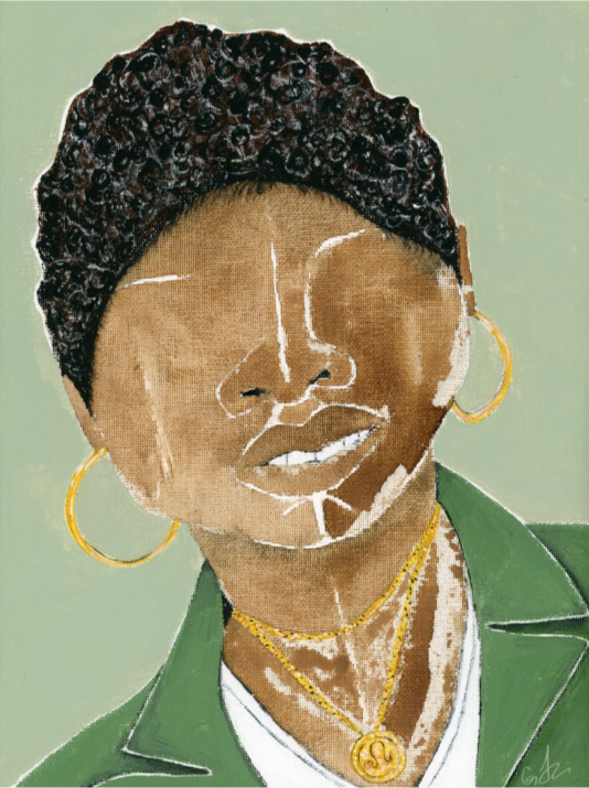 A stylized illustration of a woman with an afro hairstyle, wearing gold earrings and a green jacket, with a beige background.