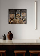 Artistic depiction of three figures on a wall above a table with decorative vases.