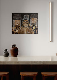 Artistic depiction of three figures on a wall above a table with decorative vases.