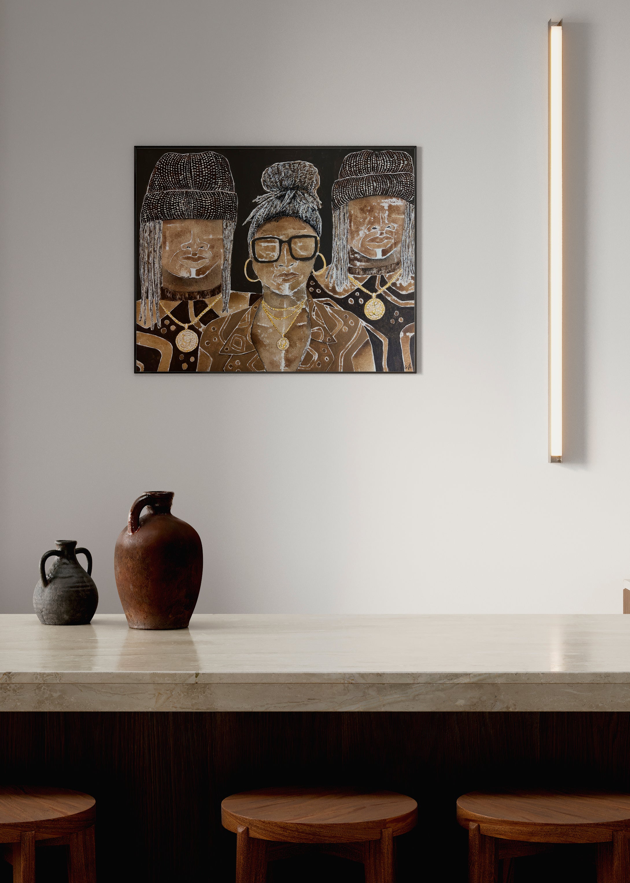 Artistic depiction of three figures on a wall above a table with decorative vases.
