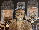 Original mixed media painting on canvas depicting three characters with stylized hair and accessories, primarily in brown tones with gold accents.