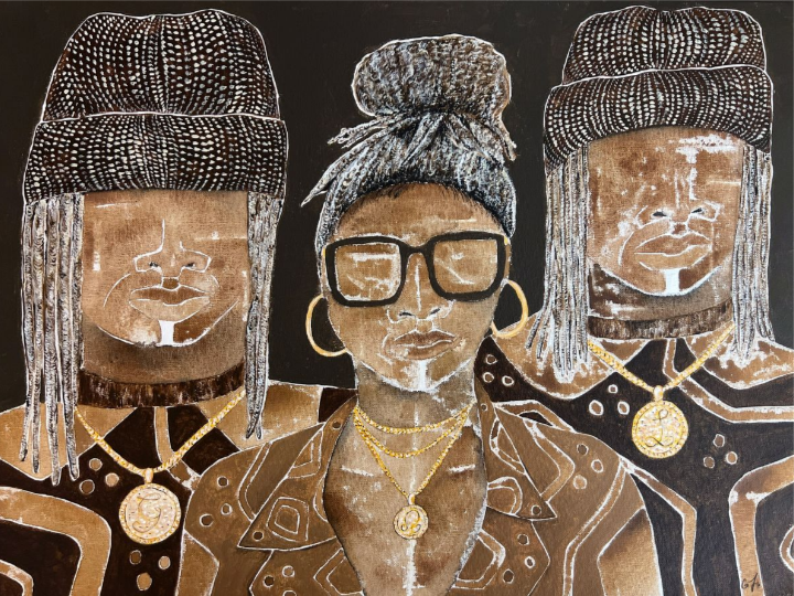 Original mixed media painting on canvas depicting three characters with stylized hair and accessories, primarily in brown tones with gold accents.