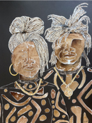 A print of two stylized figures with abstract patterns and gold accents on their clothing and hair.