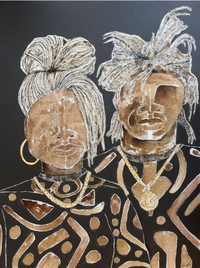 A print of two stylized figures with abstract patterns and gold accents on their clothing and hair.